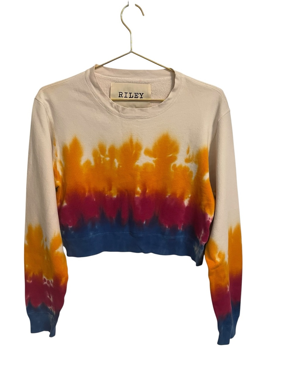 Riley 1880 Sunset Tie Dye Cropped Sweatshirt Cream Orange Blue Small